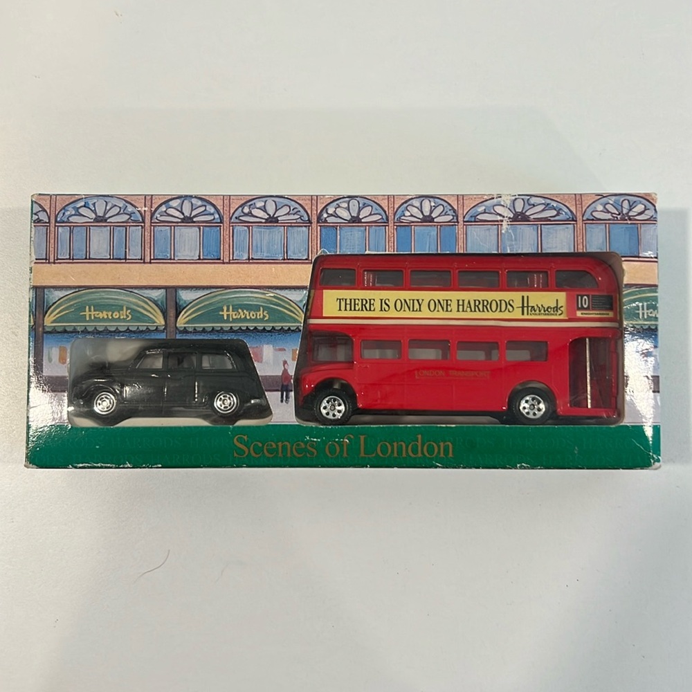 Harrods Scenes of London Black Taxi, Double Decker Bus Original Box